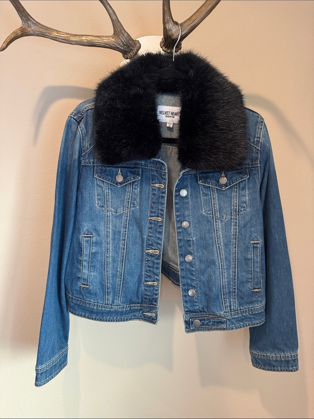 Velvet Heart Blue Denim Jacket with Black Faux Fur Collar